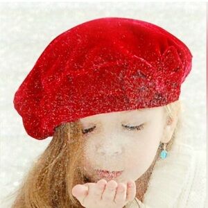 Kids beret red velour velvet Koala kids holiday Christmas sequin bow hat size 4T